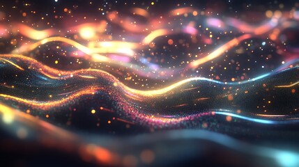 Wall Mural - a futuristic abstract design with holographic light trails and sparkles floating on a dark gradient 