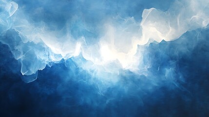 a glowing abstract banner featuring beams of light breaking through a cloudy mist, in hues of blue a