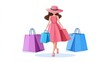 © 陈 闪闪 - Stylish Woman Shopping in the City, Flat Design Illustration with White Background and Colorful Paper Bags, Fashion Model in Hat, Summer Fashion Pose