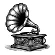 © ascrea - Gramophone sketch engraving black and white outline. Scratch board imitation.  illustrated in vintage line art style on a white background.
