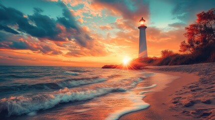 Poster - Lighthouse sunset seascape with waves on sandy beach.