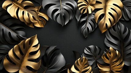 Sticker - Gold and black monstera leaves frame on dark background.