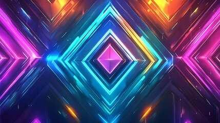 Wall Mural - A vibrant banner with interlocking triangles and diamonds in shades of teal, pink, and purple with glowing edges