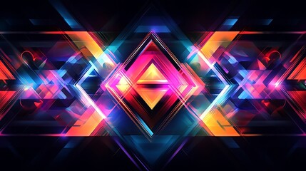 Wall Mural - an abstract banner with layered geometric shapes in vibrant neon colors, overlapping triangles, and 