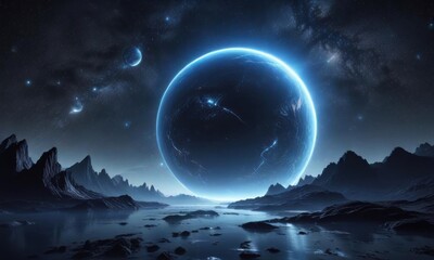 mysterious, glowing blue planet amidst starry night, astronomy, cosmos