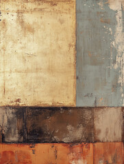 Naklejka na meble A textured abstract painting with warm earthy tones of gold, brown, and blue, featuring a rustic, weathered surface. The vertical artwork exudes a vintage aesthetic.