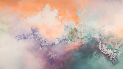 Wall Mural - an ethereal gradient burst of peach, lavender, and mint green, with blurred shapes adding depth