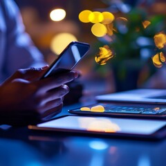 Poster - Person Using Phone and Tablet in Dimly Lit Room with Bokeh Lights in Background