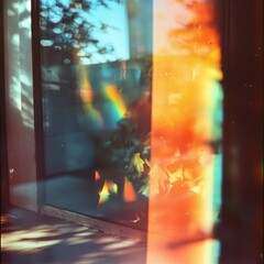 Aufkleber - Refracted Light Through Glass: An Abstract Composition of Colors, Reflections, and Foliage Shadows Create a Dreamlike Effect