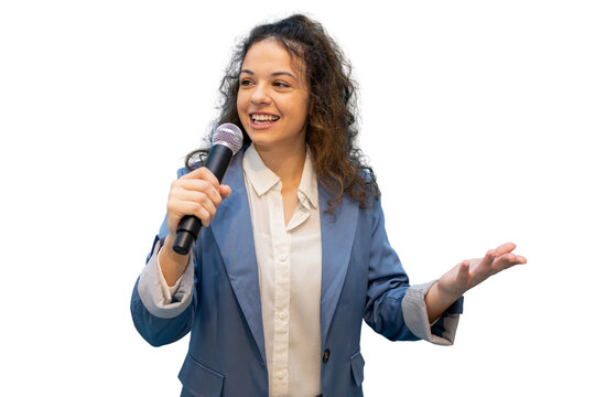 Smiling speaker holding microphone giving a speech on transparent background
