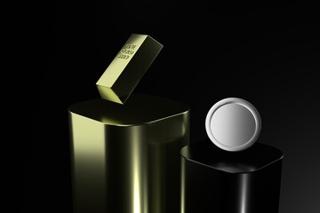Wall Mural - Golden Treasures: A gleaming gold bar and a pristine silver coin, displayed elegantly on polished pedestals against a dark, elegant backdrop.