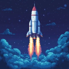 Wall Mural - pixel art rocket launching through space clouds