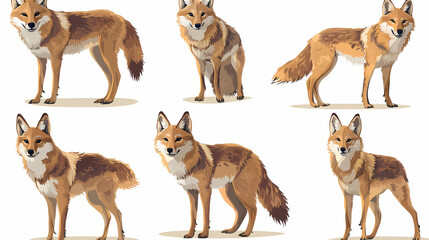 Wall Mural - Vibrant set of isolated coyotes in different poses on transparent background. Isolation - Cave. Illustration