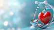 © K.V - stethoscope with red heart symbolizes healthcare and medical care on soft blue background. glowing heartbeat effect adds sense of vitality and wellness