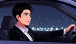 © KarpenArt Studio - A cartoon man with short black hair and green eyes wearing a suit jacket over a white collared shirt is sitting in the driver's seat of a car at night.