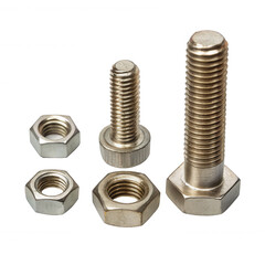 Poster - A collection of metallic bolts and nuts showcasing various sizes and designs, emphasizing their threaded details and hexagonal shapes.