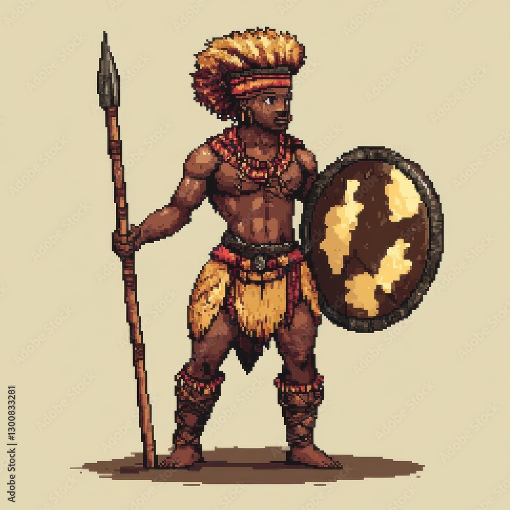 Pixel Art Depiction Of An African Warrior With Spear And Shield Stock ...