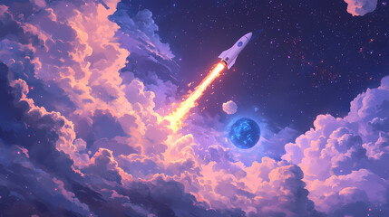 Wall Mural - rocket flying through clouds with dreamy colors
