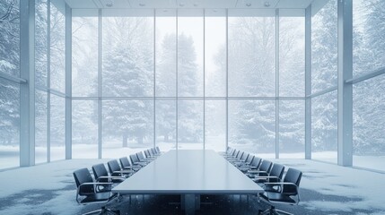 Wall Mural - Empty conference room with large window overlooking snowy winter landscape.