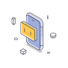 Wall Mural - a smartphone displays a code block, symbolizing web development. surrounding abstract shapes enhance