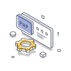 Wall Mural - isometric line art icon representing web development. it features a php badge alongside a yellow gea