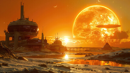 Wall Mural - alien planet landscape with glowing sun and mountains with fantastic rocks formations 3d illustratio