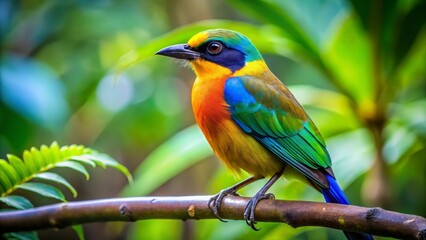 vibrant tropical bird perched on a branch, showcasing iridescent plumage and striking colors in a lu