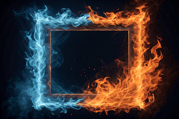 Wall Mural - a dramatic frame made of intertwining blue and orange flames, burning intensely against a dark backg