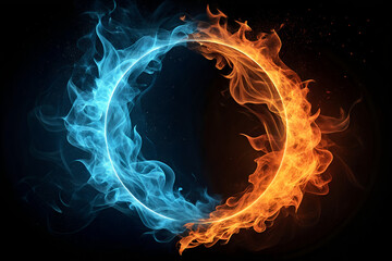 Wall Mural - a glowing frame of vibrant blue fire and fierce orange flames, swirling together against a pitch-bla