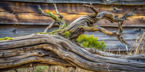 A weathered, gnarled tree branch, draped with moss, rests against a rustic wooden backdrop, its intricate curves and textures creating a captivating natural composition.