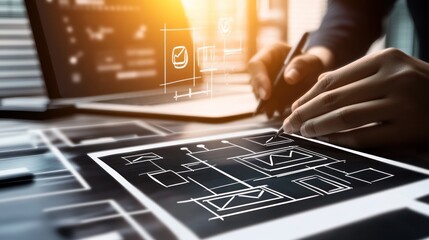 Conceptual digital designer creating website layouts on a tablet device