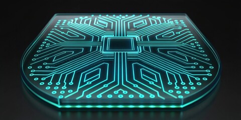 A close-up image of a glowing circuit board design