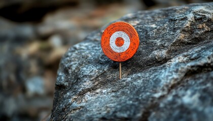 Poster - A target placed on a rock, illustrating the concept of operational goals and business milestones, strong focus, rugged background, business success imagery