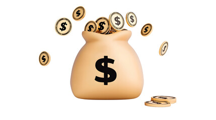 Aufkleber - 3D Cartoon of a Golden Money Bag Overflowing with Shiny Dollar Coins Symbolizing Wealth and Savings  Isolated on a Transparent Background in Cutout Style
