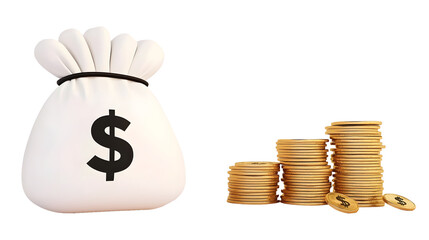 Poster - Minimalist 3D cartoon rendering of a glowing money bag placed atop a stack of gold coins representing the concept of financial security savings and economic growth