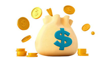 Aufkleber - Vibrant 3D cartoon money bag with coins floating around it designed in a fun and dynamic style  Concept for wealth investment and savings  Transparent background cutout