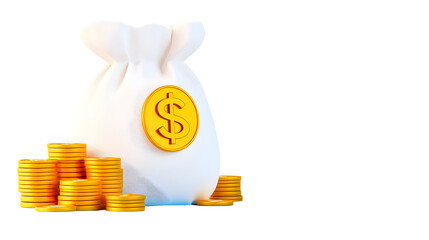 Aufkleber - Minimalist 3D cartoon depicting a closed money bag with a golden dollar emblem placed beside neatly stacked golden coins  This image represents the concept of financial growth security