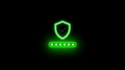 neon security unlock concept animation. Neon check mark with security icon. Cyber protection with neon line lock icon animation on dark background.