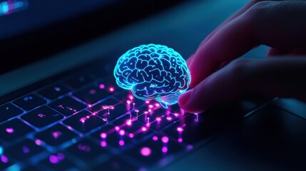 Wall Mural - futuristic hand touching brain icon above keyboard with neon glow effect in dark setting