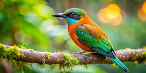 vibrant feathered creature perched on mossy branch, showcasing iridescent plumage in a lush green na