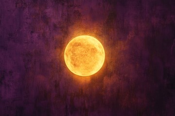 Wall Mural - Glowing golden sun or moon against a textured deep purple background, creating a surreal and mystical atmosphere with warm, radiant light and cosmic energy