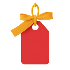 Poster - Playful 3D of a festive blank red gift tag with a golden ribbon tied in a bow featuring a soft reflective sheen and a modern aesthetic