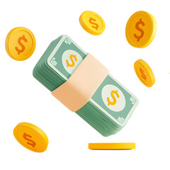 Aufkleber - Floating Stack of Green Banknotes Tightly Wrapped with Beige Band Surrounded by Shiny Golden Coins Embossed with Dollar Signs in Clean Modern 3D with Depth and Lighting