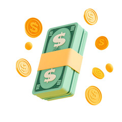 Aufkleber - Stylized 3D rendering showcasing floating green dollar bills stacked together  secured with a neutral beige band  accompanied by golden coins with embossed dollar symbols  The lighting is soft