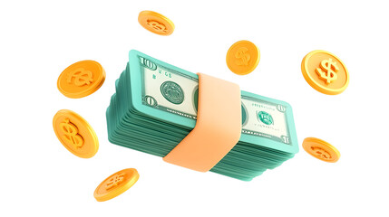 Aufkleber - 3D render of neatly stacked green cash bundles secured by a smooth beige strap with golden coins bouncing mid air and reflecting light naturally