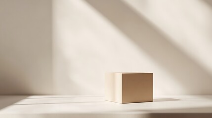 Poster - Beige cube on white surface, sunlit room.