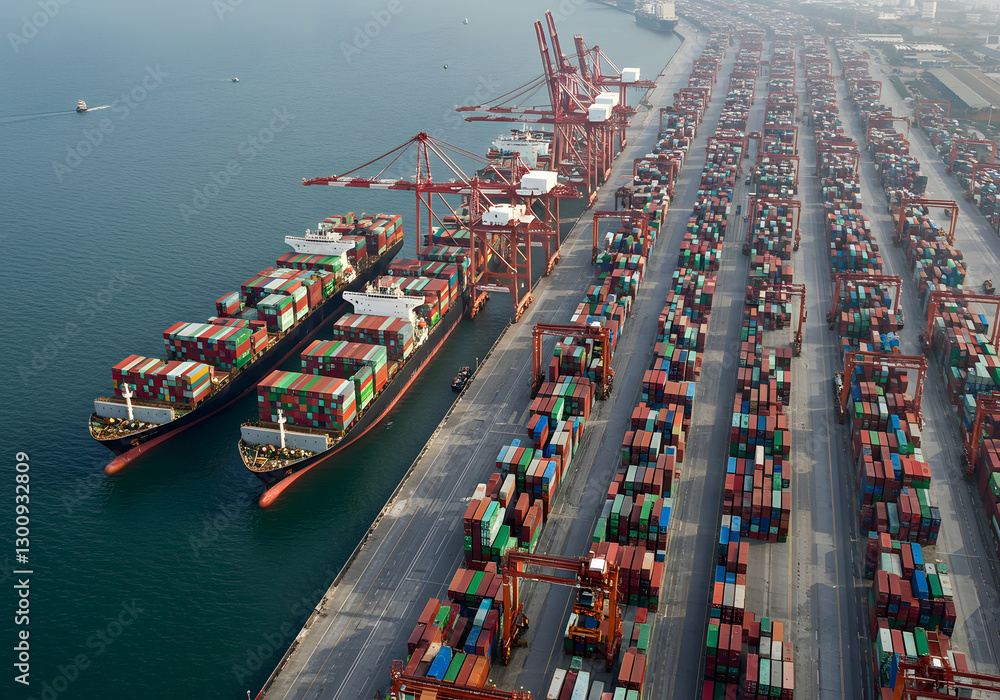 Huge container vessels line pier, container flow fueling commerce ...