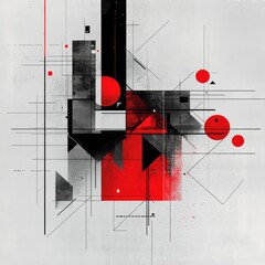 Aufkleber - Abstract Composition of Geometric Shapes and Lines with Bold Red Accents on a Textured White Background