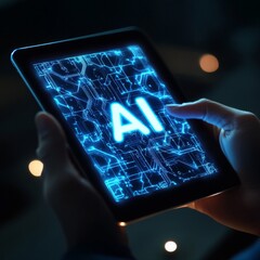 Poster - AI Interface: Hands holding a tablet displaying a luminous blue AI circuit board design for future technology