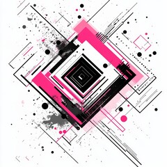 Aufkleber - Geometric Abstract Composition with Pink and Black Elements on White Background, Minimalist Design